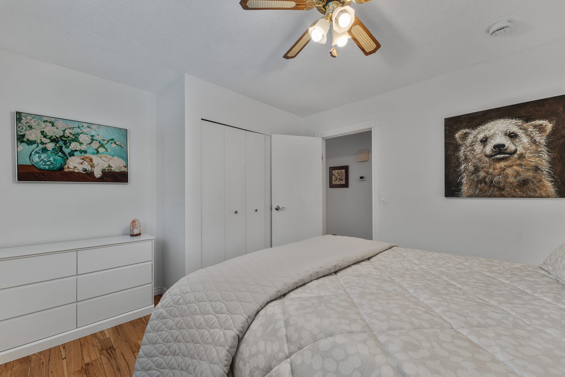 Queen bedroom second angle with closet, artwork and ceiling fan